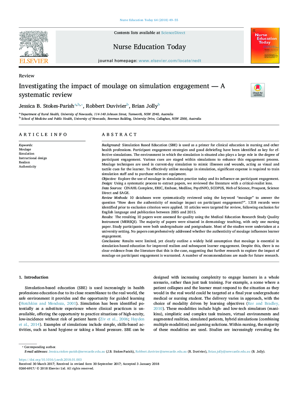 Investigating the impact of moulage on simulation engagement - A systematic review