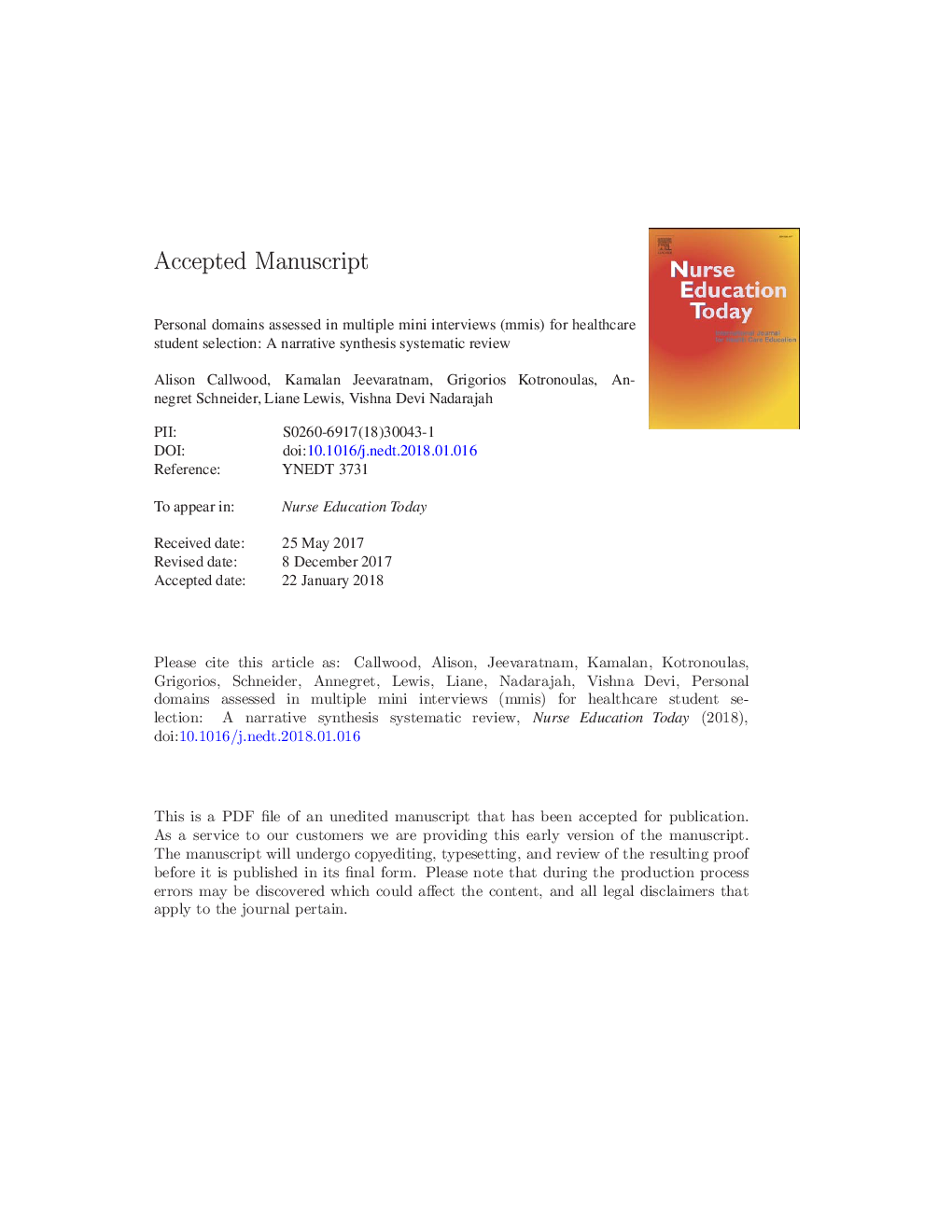 Personal domains assessed in multiple mini interviews (MMIs) for healthcare student selection: A narrative synthesis systematic review