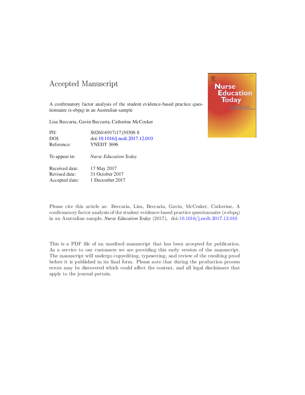 A Confirmatory Factor Analysis of the Student Evidence-Based Practice Questionnaire (S-EBPQ) in an Australian sample