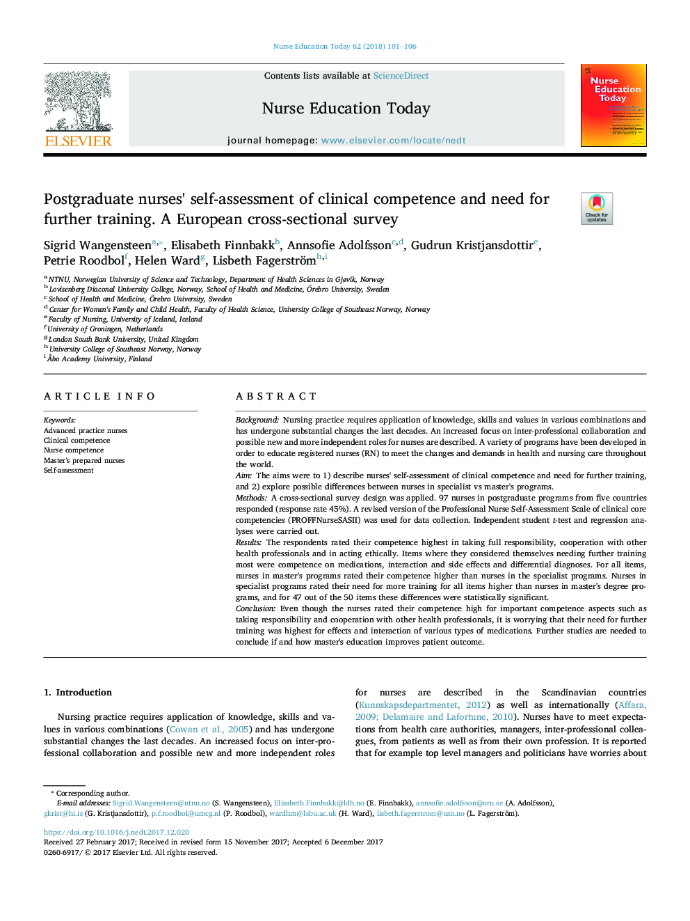 Postgraduate nurses' self-assessment of clinical competence and need for further training. A European cross-sectional survey
