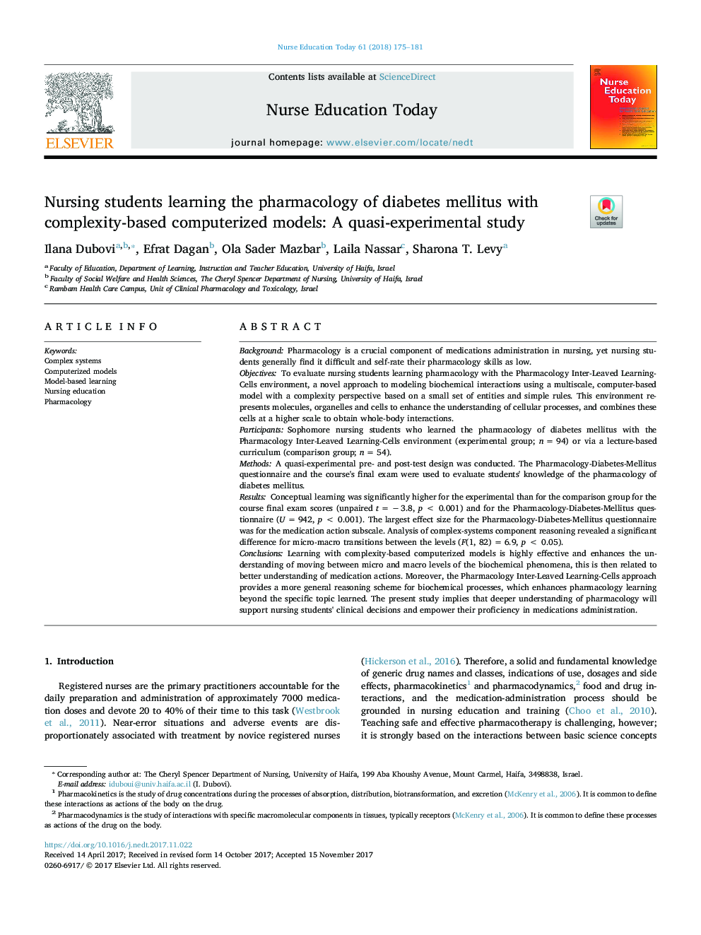 Nursing students learning the pharmacology of diabetes mellitus with complexity-based computerized models: A quasi-experimental study