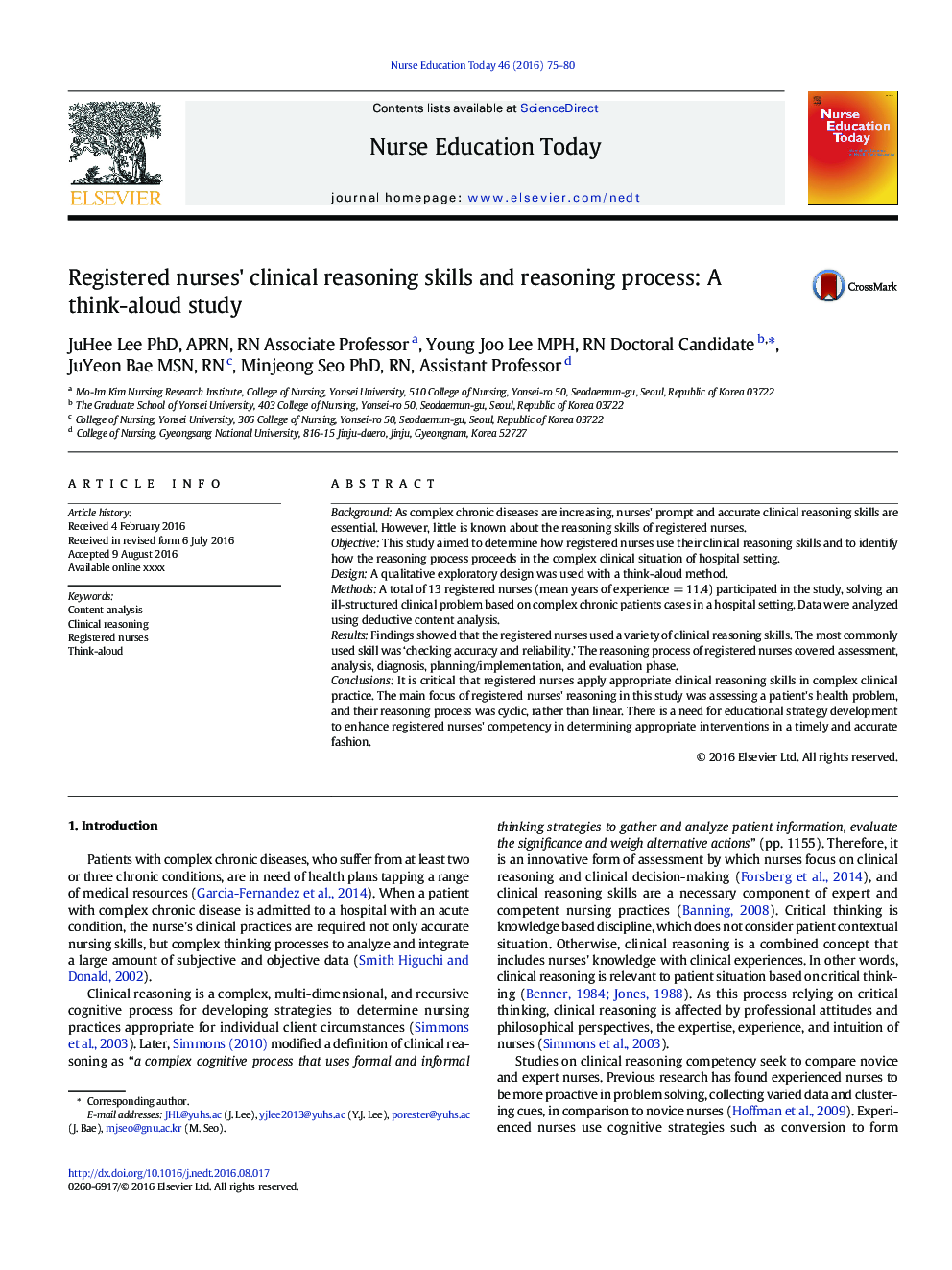 Registered nurses' clinical reasoning skills and reasoning process: A think-aloud study