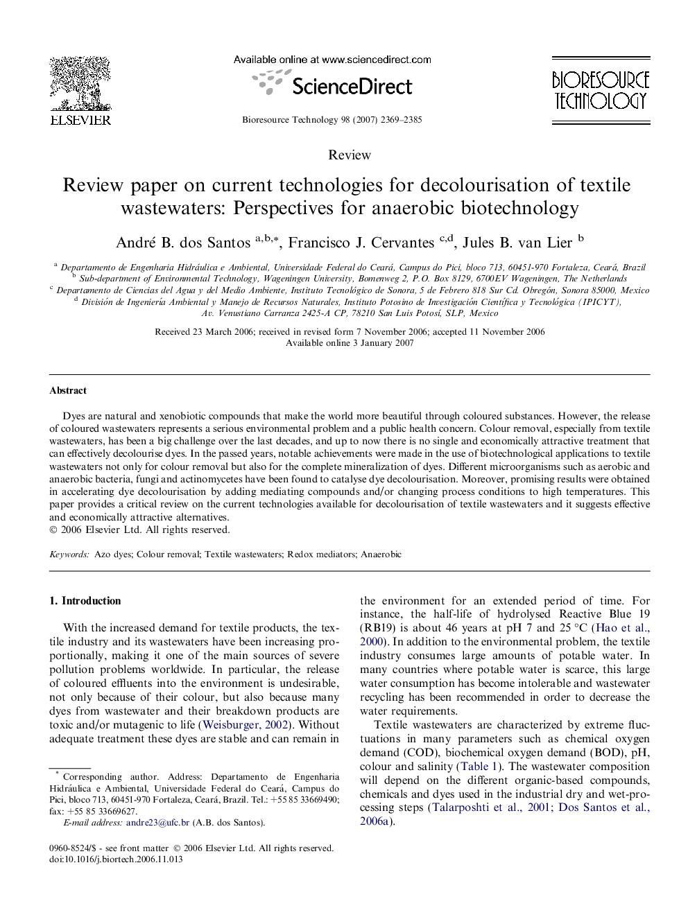 عکس صفحه اول مقاله: Review paper on current technologies for decolourisation of textile wastewaters: Perspectives for anaerobic biotechnology Review paper on current technologies for decolourisation of textile wastewaters: Perspectives for anaerobic biotechnology