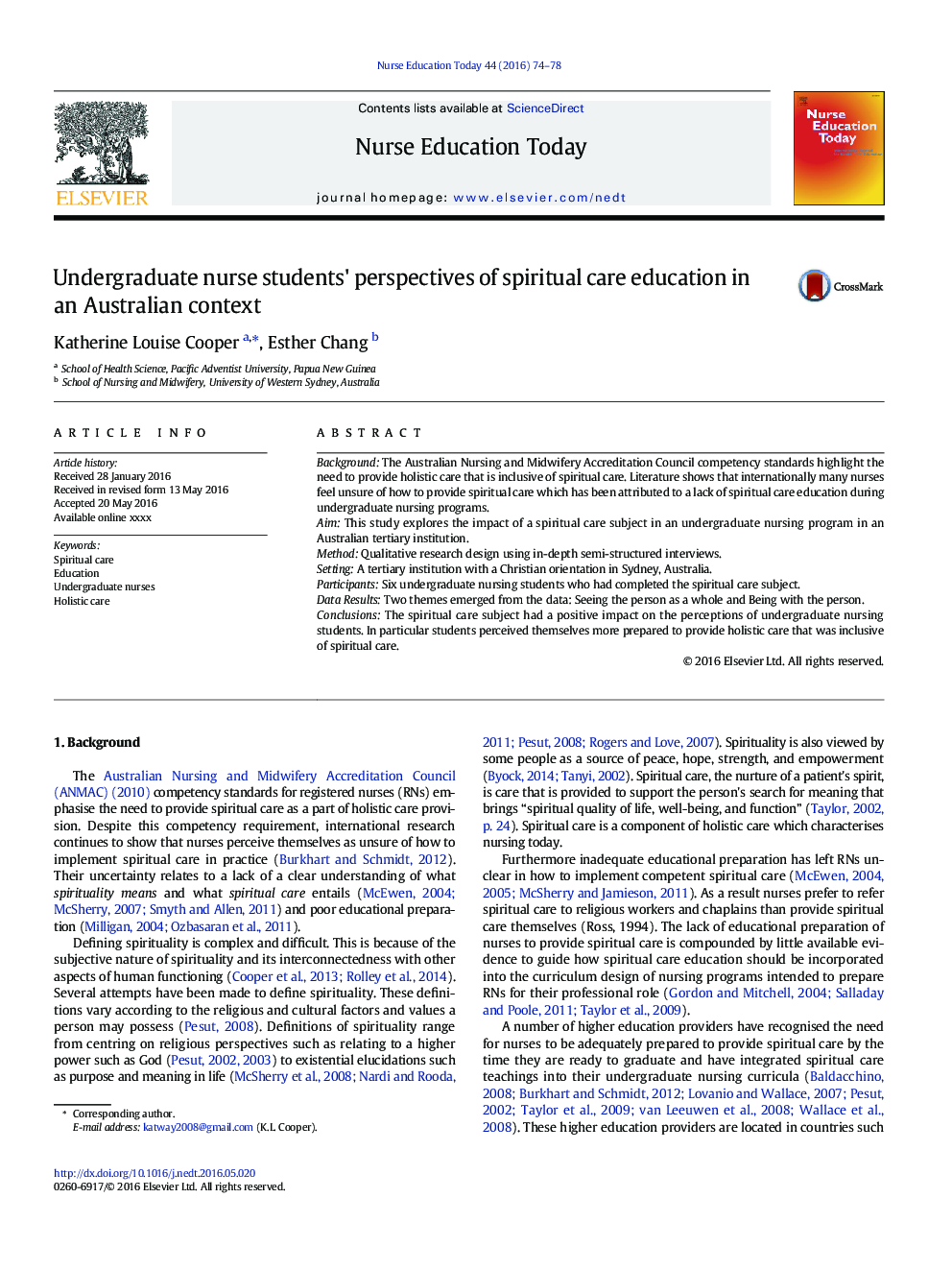 Undergraduate nurse students' perspectives of spiritual care education in an Australian context