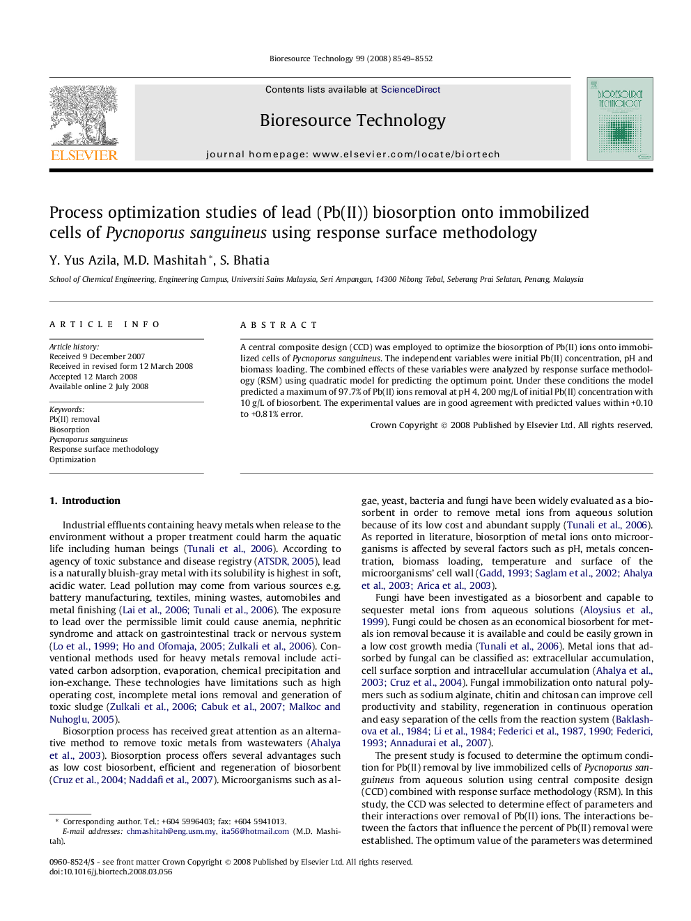 Process optimization studies of lead (Pb(II)) biosorption onto immobilized cells of Pycnoporus sanguineus using response surface methodology