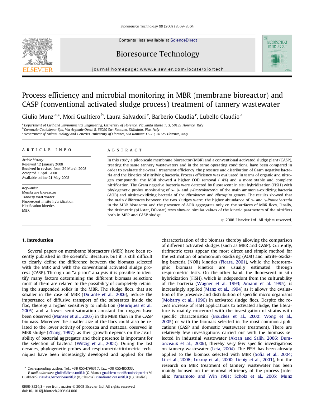 Process efficiency and microbial monitoring in MBR (membrane bioreactor) and CASP (conventional activated sludge process) treatment of tannery wastewater