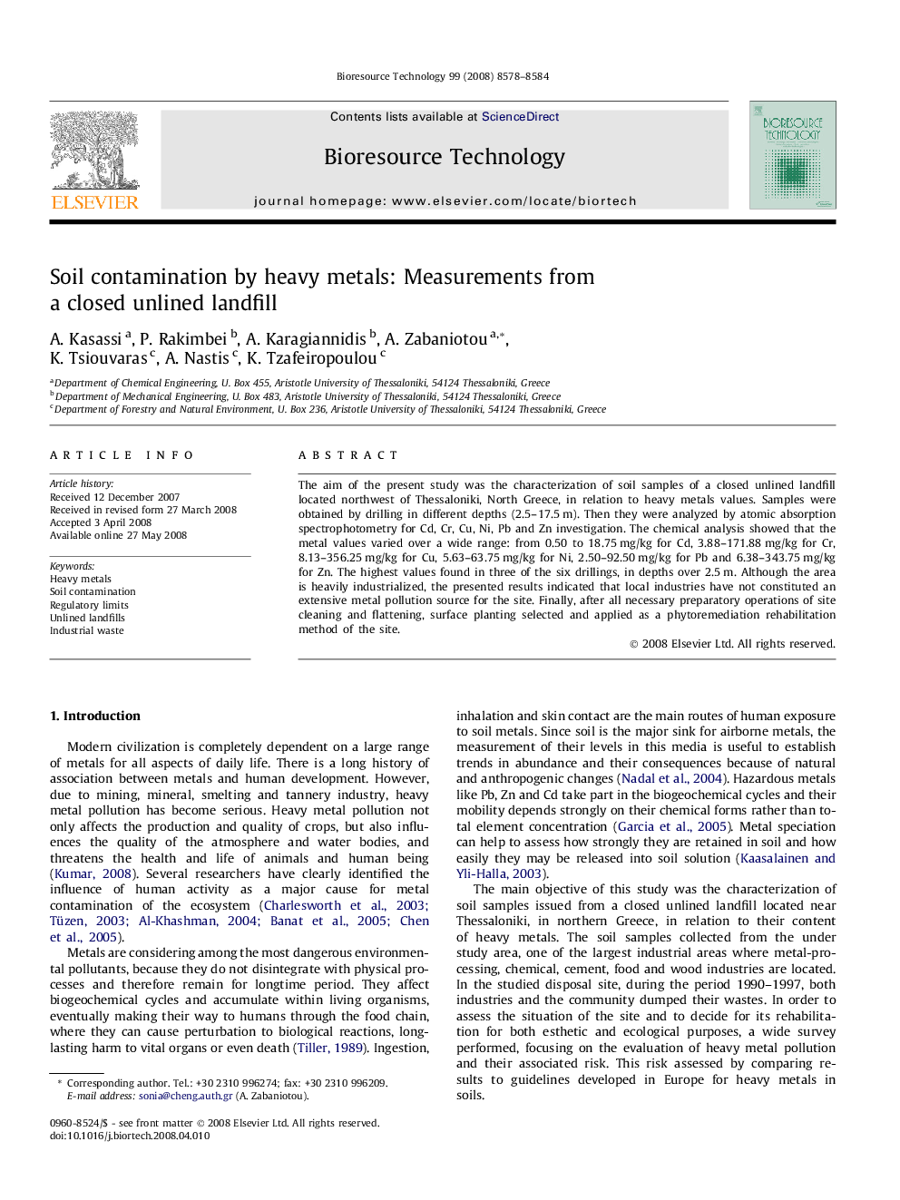 عکس صفحه اول مقاله: Soil contamination by heavy metals: Measurements from a closed unlined landfill Soil contamination by heavy metals: Measurements from a closed unlined landfill