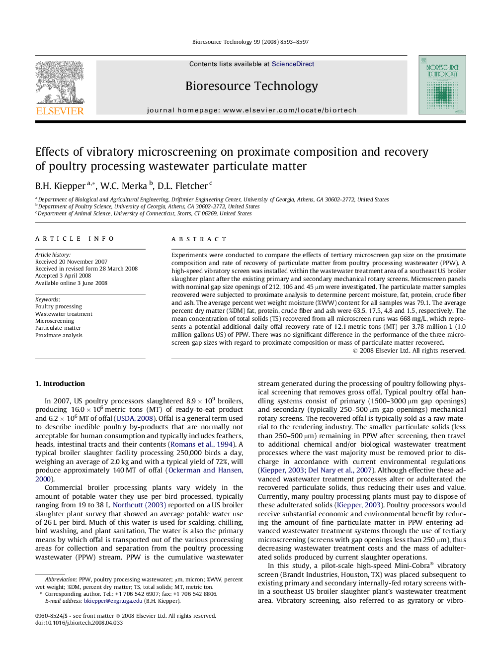 عکس صفحه اول مقاله: Effects of vibratory microscreening on proximate composition and recovery of poultry processing wastewater particulate matter Effects of vibratory microscreening on proximate composition and recovery of poultry processing wastewater particulate matter