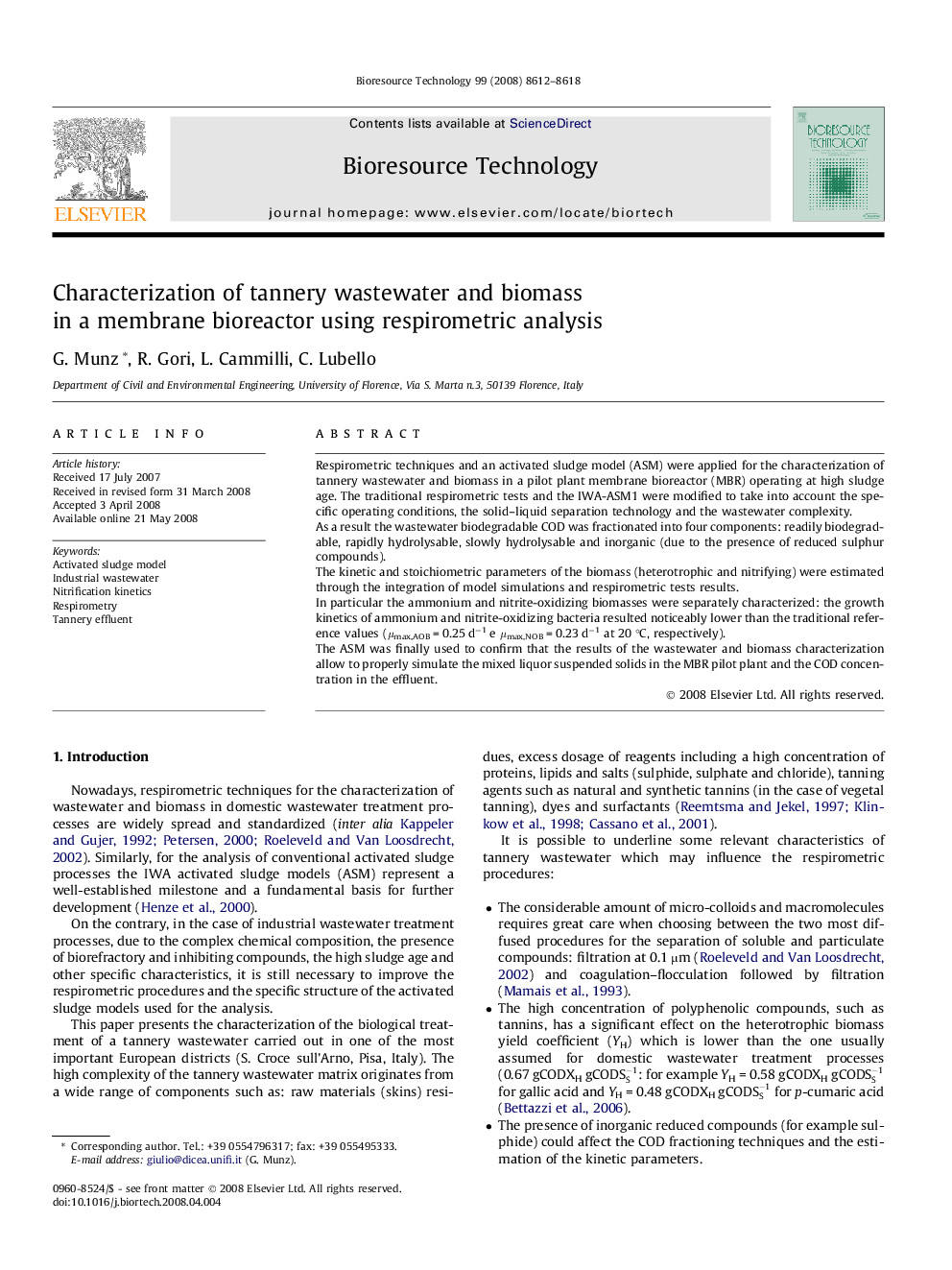 Characterization of tannery wastewater and biomass in a membrane bioreactor using respirometric analysis