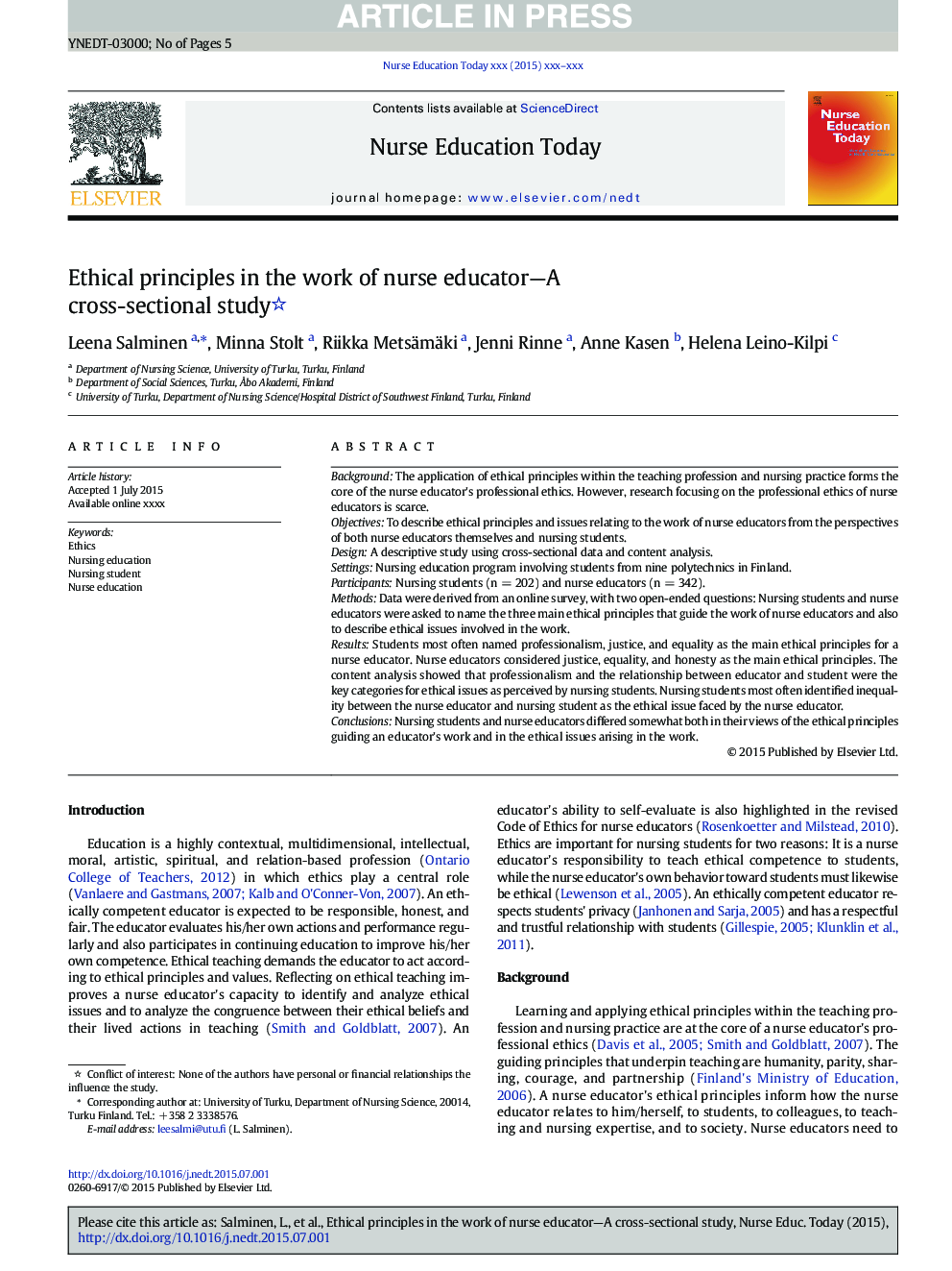 Ethical principles in the work of nurse educator-A cross-sectional study