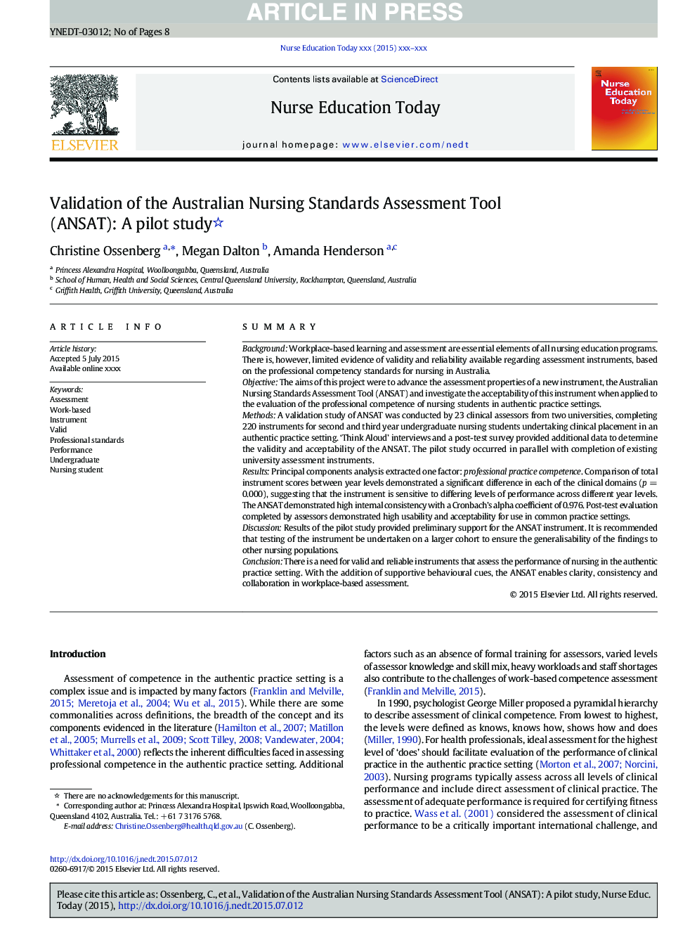 Validation of the Australian Nursing Standards Assessment Tool (ANSAT): A pilot study