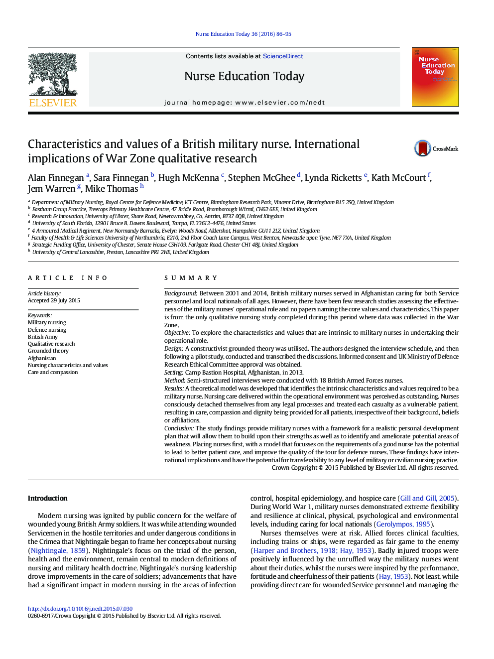 Characteristics and values of a British military nurse. International implications of War Zone qualitative research