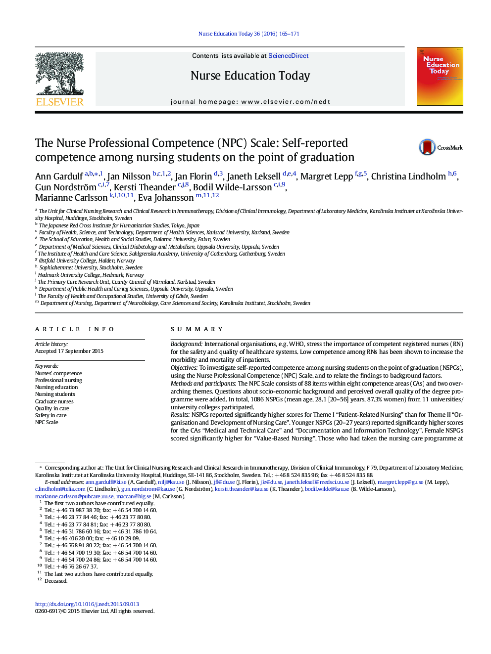 The Nurse Professional Competence (NPC) Scale: Self-reported competence among nursing students on the point of graduation