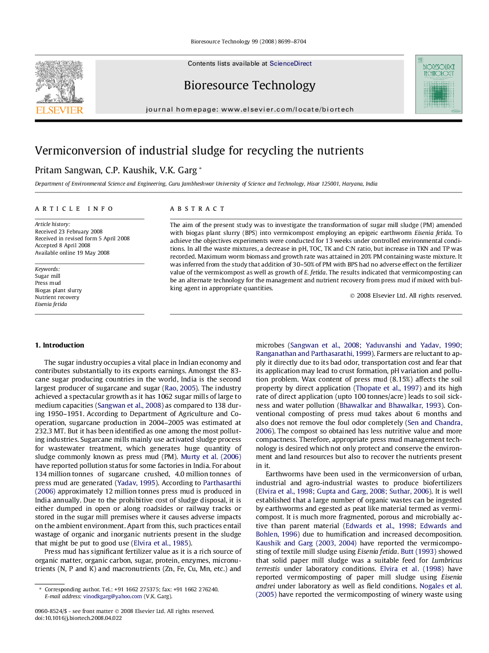 Vermiconversion of industrial sludge for recycling the nutrients