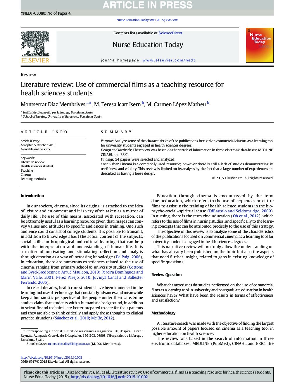 Literature review: Use of commercial films as a teaching resource for health sciences students