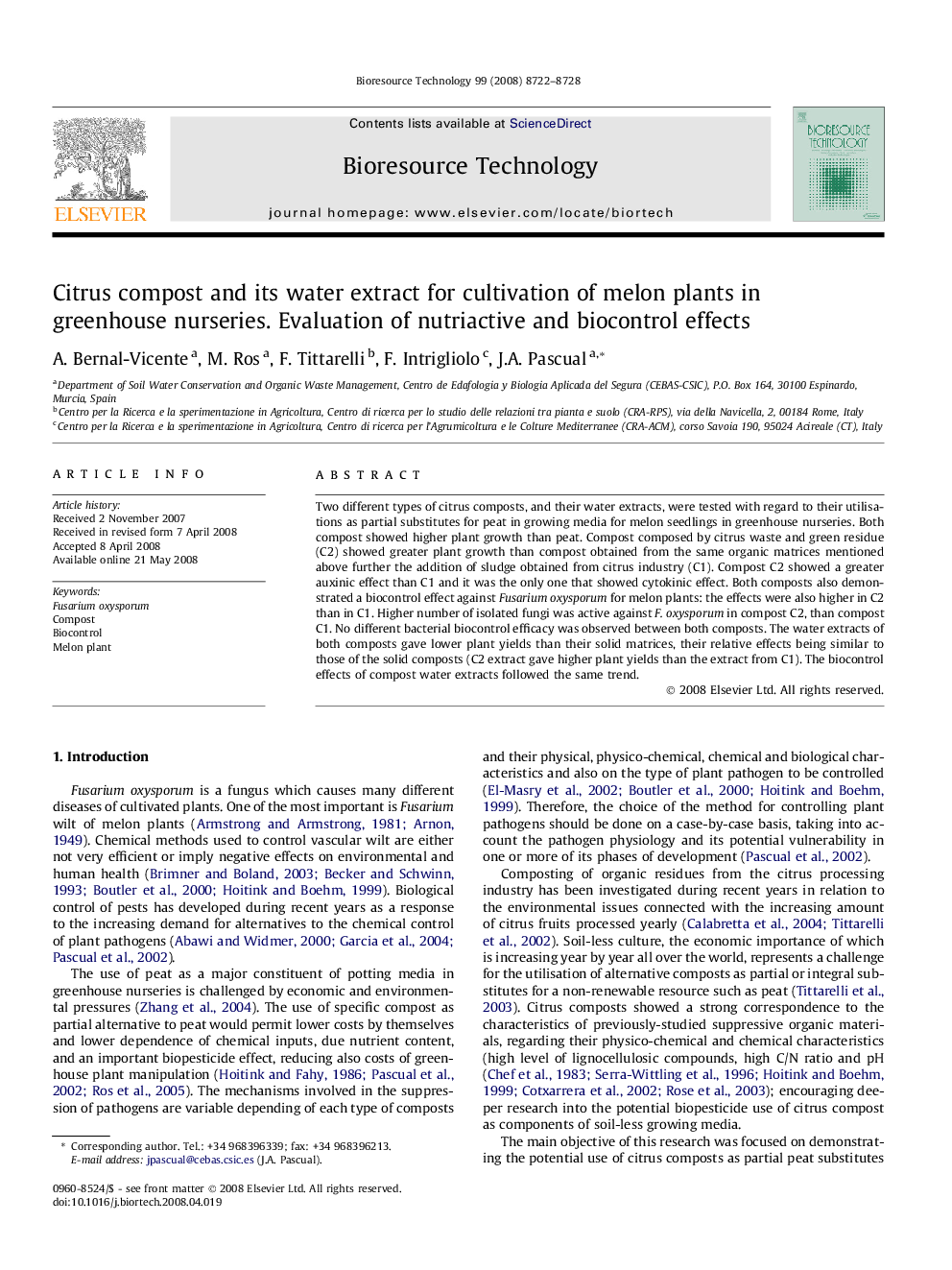 Citrus compost and its water extract for cultivation of melon plants in greenhouse nurseries. Evaluation of nutriactive and biocontrol effects