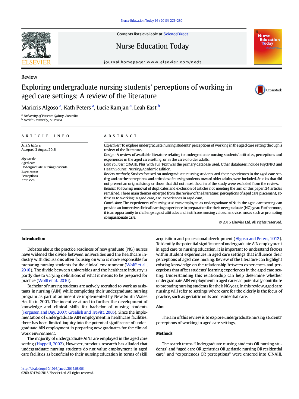 Exploring undergraduate nursing students' perceptions of working in aged care settings: A review of the literature