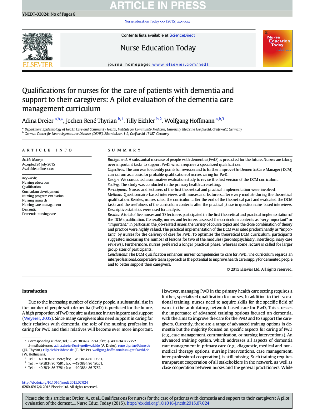 Qualifications for nurses for the care of patients with dementia and support to their caregivers: A pilot evaluation of the dementia care management curriculum