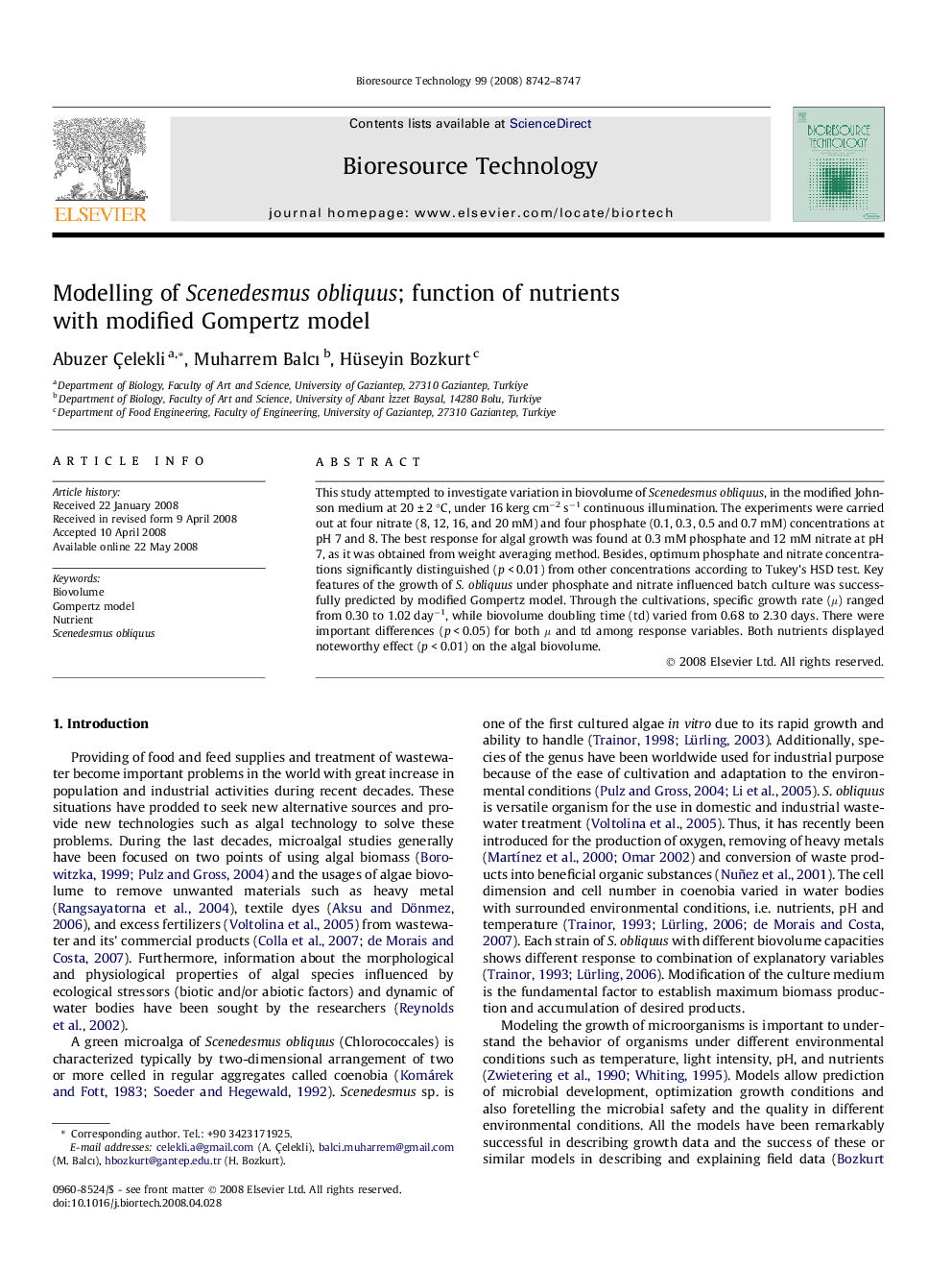 Modelling of Scenedesmus obliquus; function of nutrients with modified Gompertz model