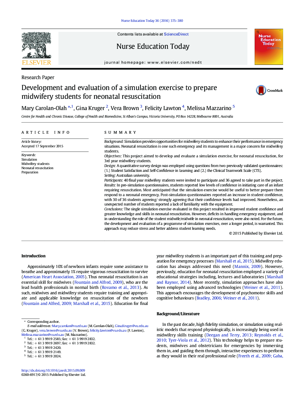 Development and evaluation of a simulation exercise to prepare midwifery students for neonatal resuscitation