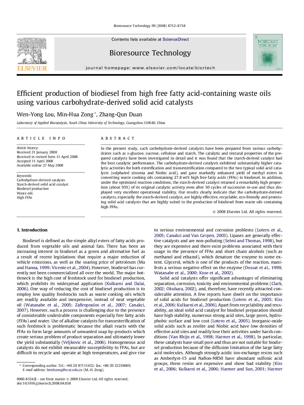 Efficient production of biodiesel from high free fatty acid-containing waste oils using various carbohydrate-derived solid acid catalysts