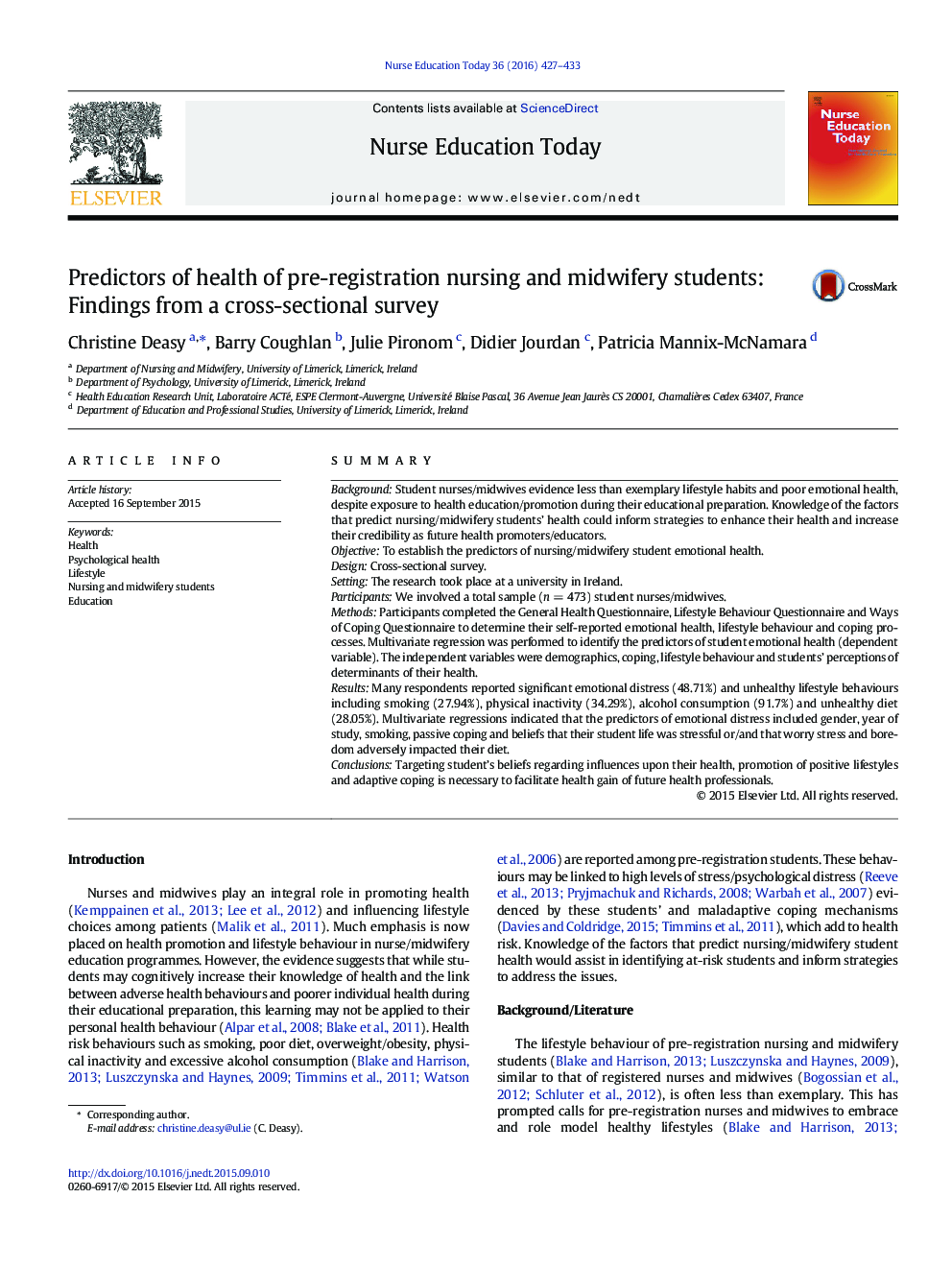 Predictors of health of pre-registration nursing and midwifery students: Findings from a cross-sectional survey