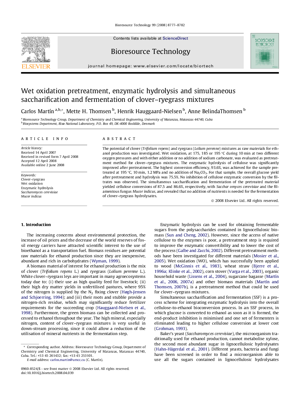 Wet oxidation pretreatment, enzymatic hydrolysis and simultaneous saccharification and fermentation of clover–ryegrass mixtures