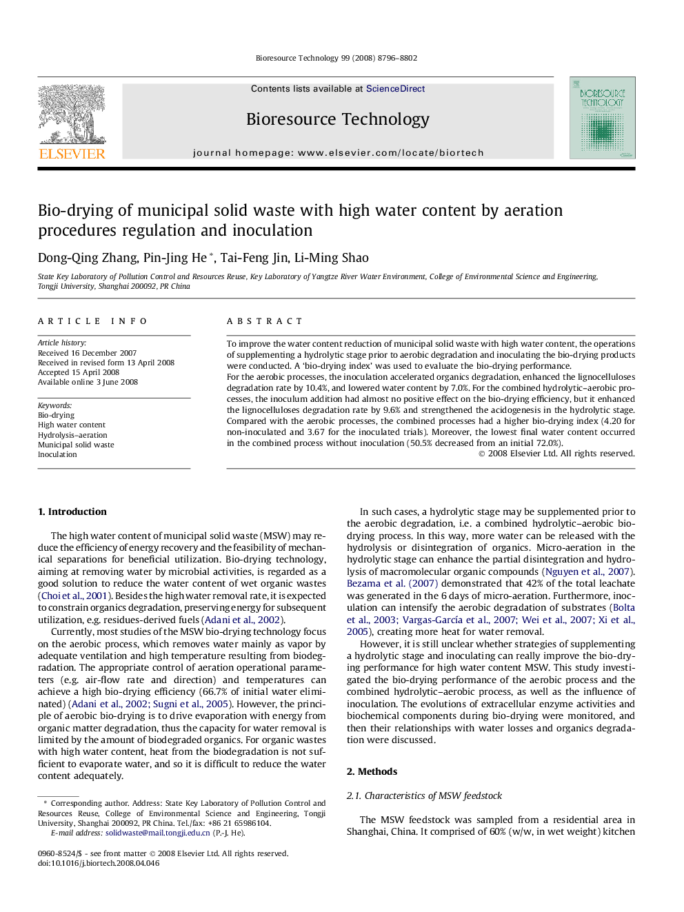 Bio-drying of municipal solid waste with high water content by aeration procedures regulation and inoculation