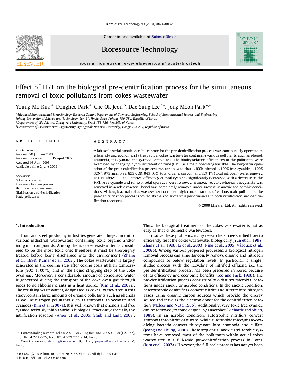 Effect of HRT on the biological pre-denitrification process for the simultaneous removal of toxic pollutants from cokes wastewater