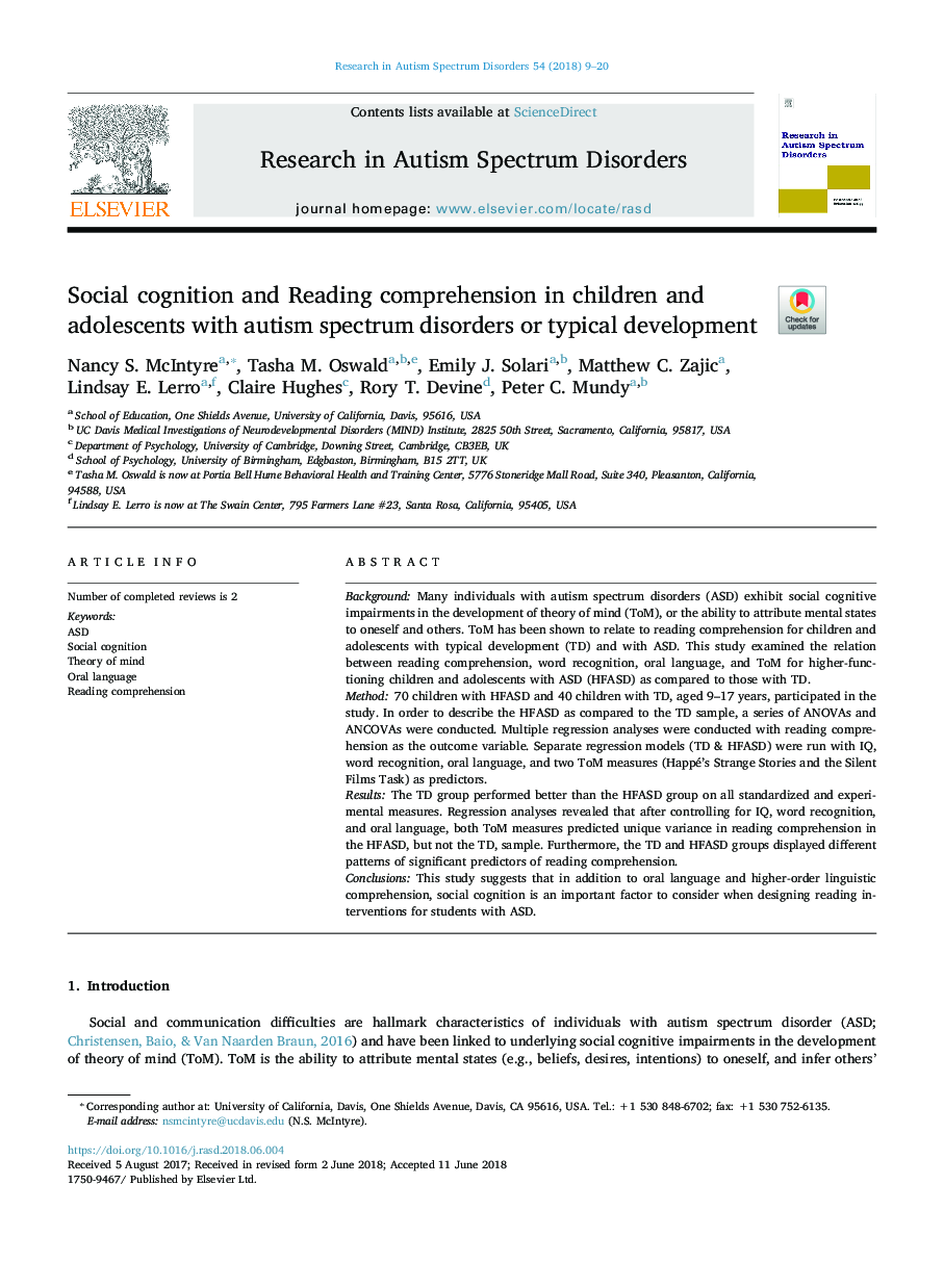 شناخت اجتماعی و درک خواندن در کودکان و نوجوانان مبتلا به اختلالات طیف اوتیسم یا توسعه معمول 