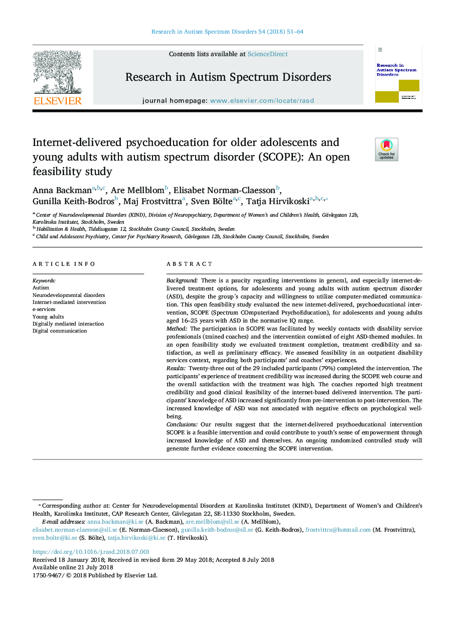 Internet-delivered psychoeducation for older adolescents and young adults with autism spectrum disorder (SCOPE): An open feasibility study