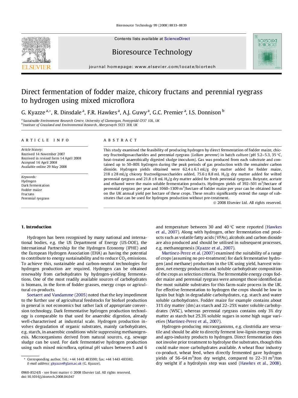 Direct fermentation of fodder maize, chicory fructans and perennial ryegrass to hydrogen using mixed microflora