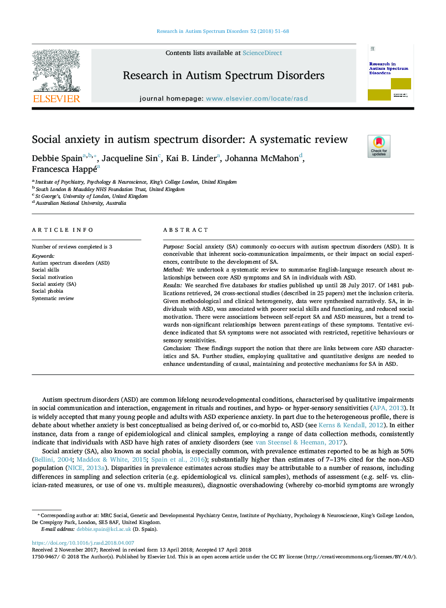 Social anxiety in autism spectrum disorder: A systematic review