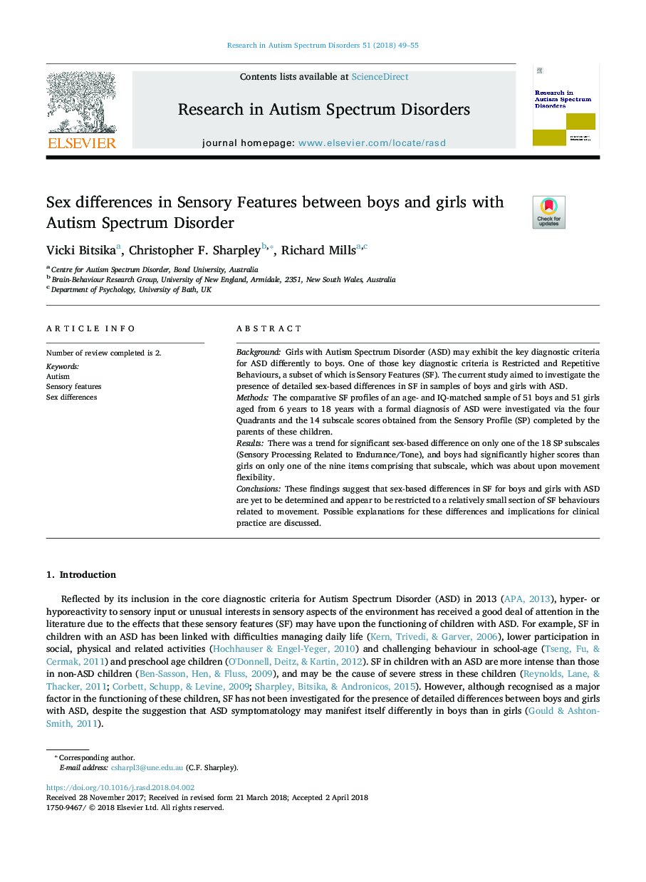 Sex differences in Sensory Features between boys and girls with Autism Spectrum Disorder