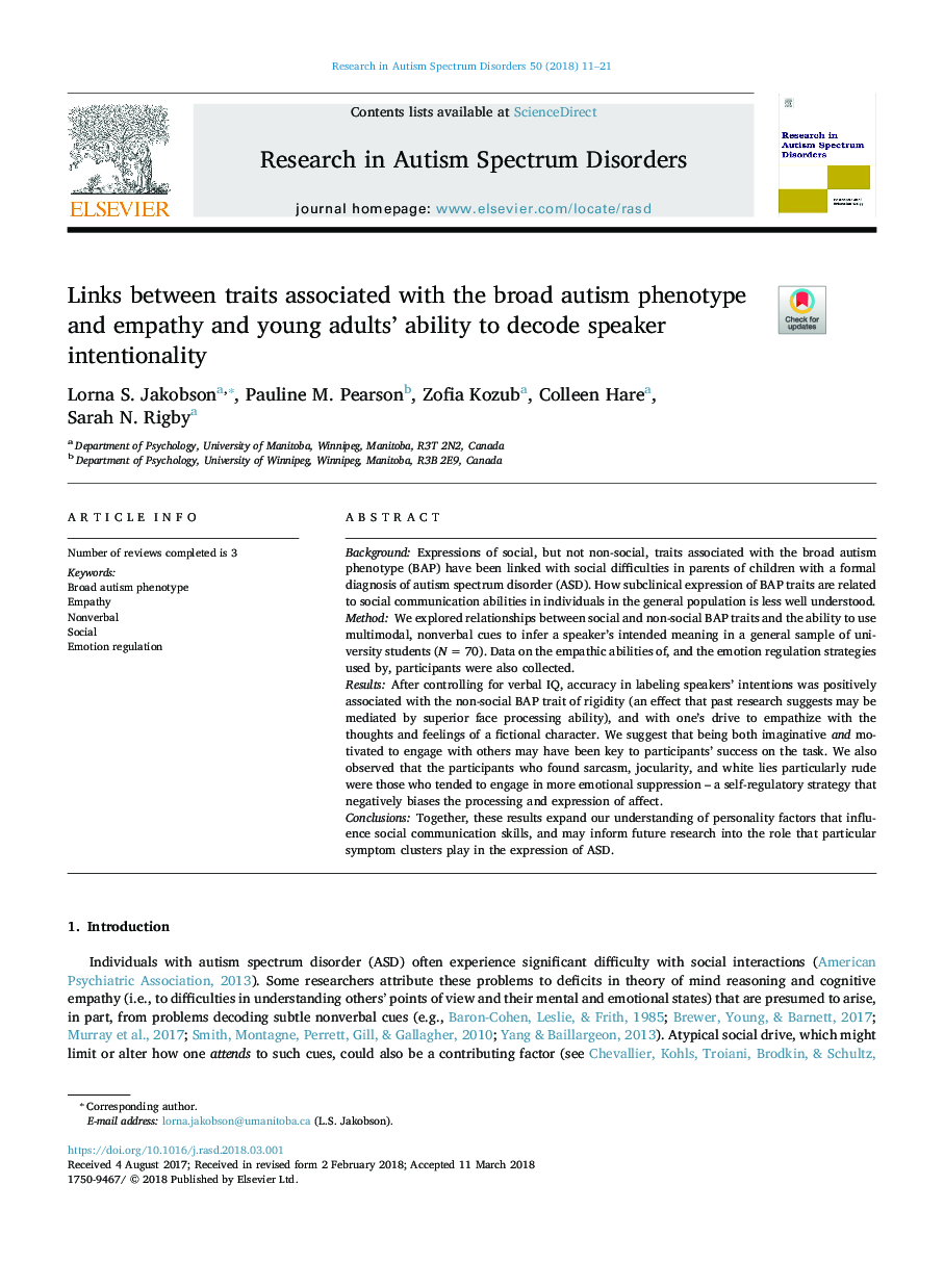 Links between traits associated with the broad autism phenotype and empathy and young adults' ability to decode speaker intentionality