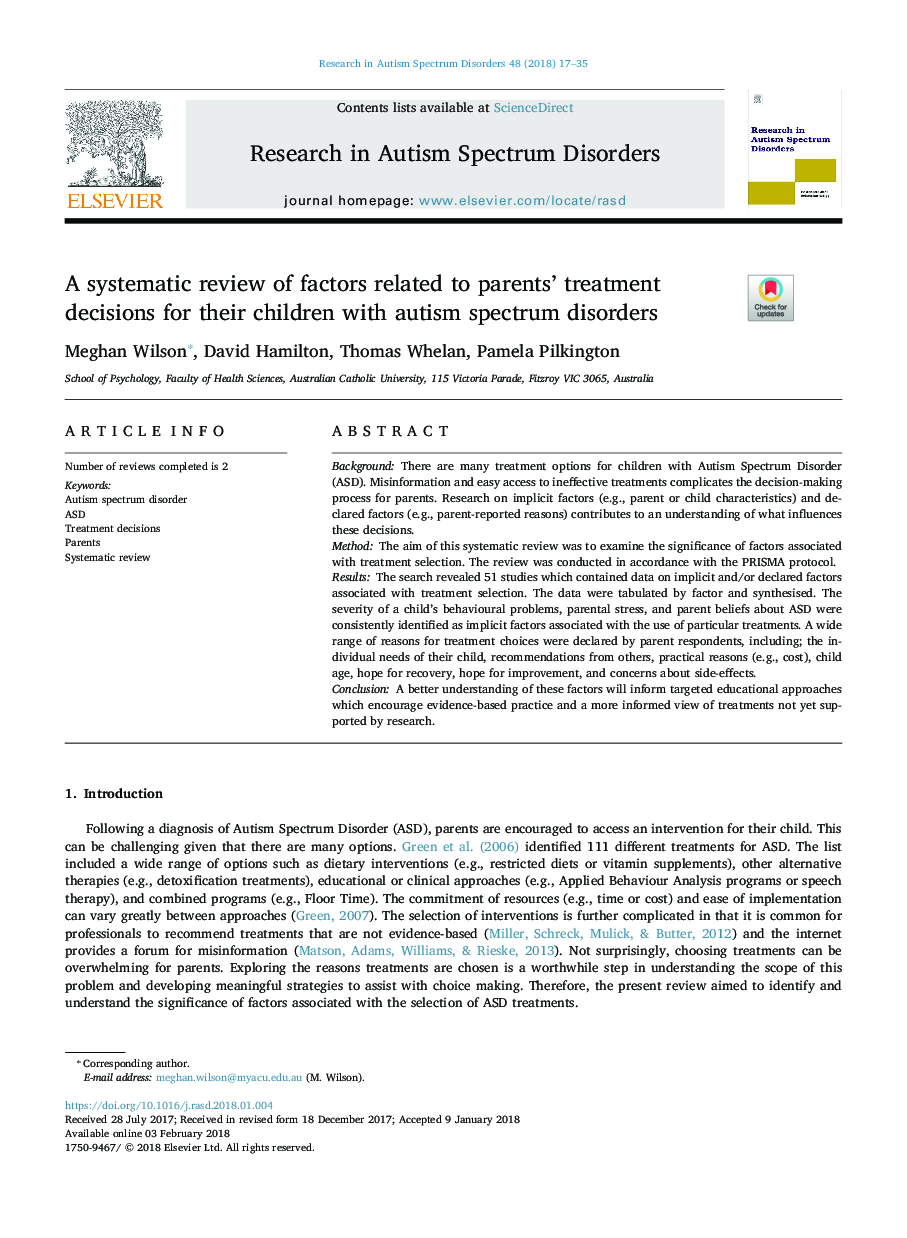 A systematic review of factors related to parents' treatment decisions for their children with autism spectrum disorders