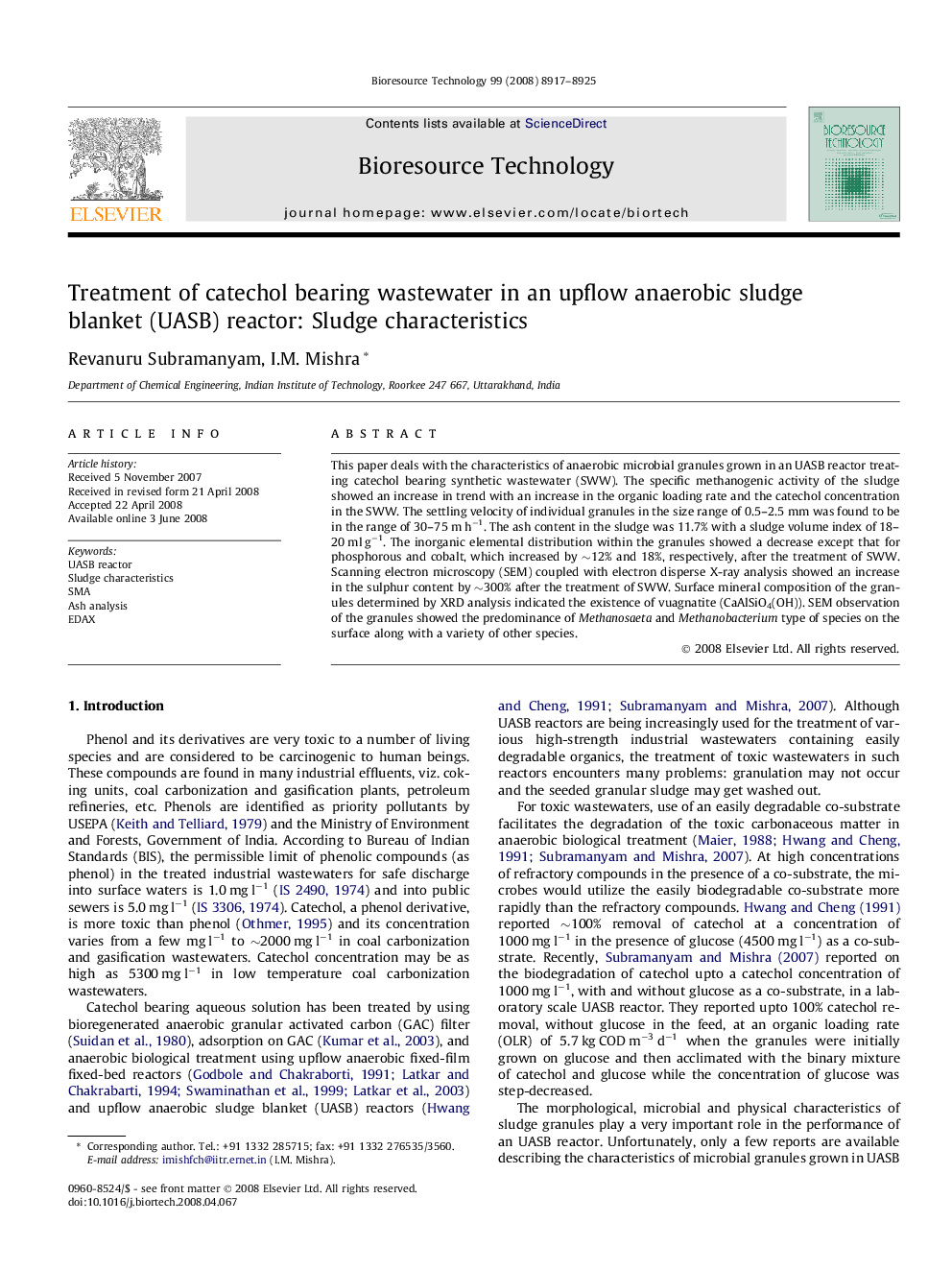 Treatment of catechol bearing wastewater in an upflow anaerobic sludge blanket (UASB) reactor: Sludge characteristics