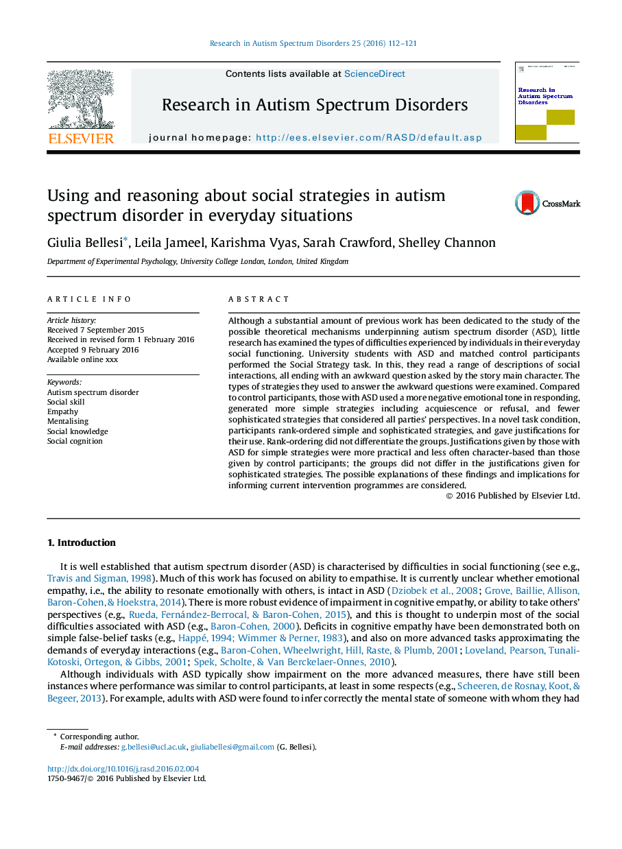 Using and reasoning about social strategies in autism spectrum disorder in everyday situations