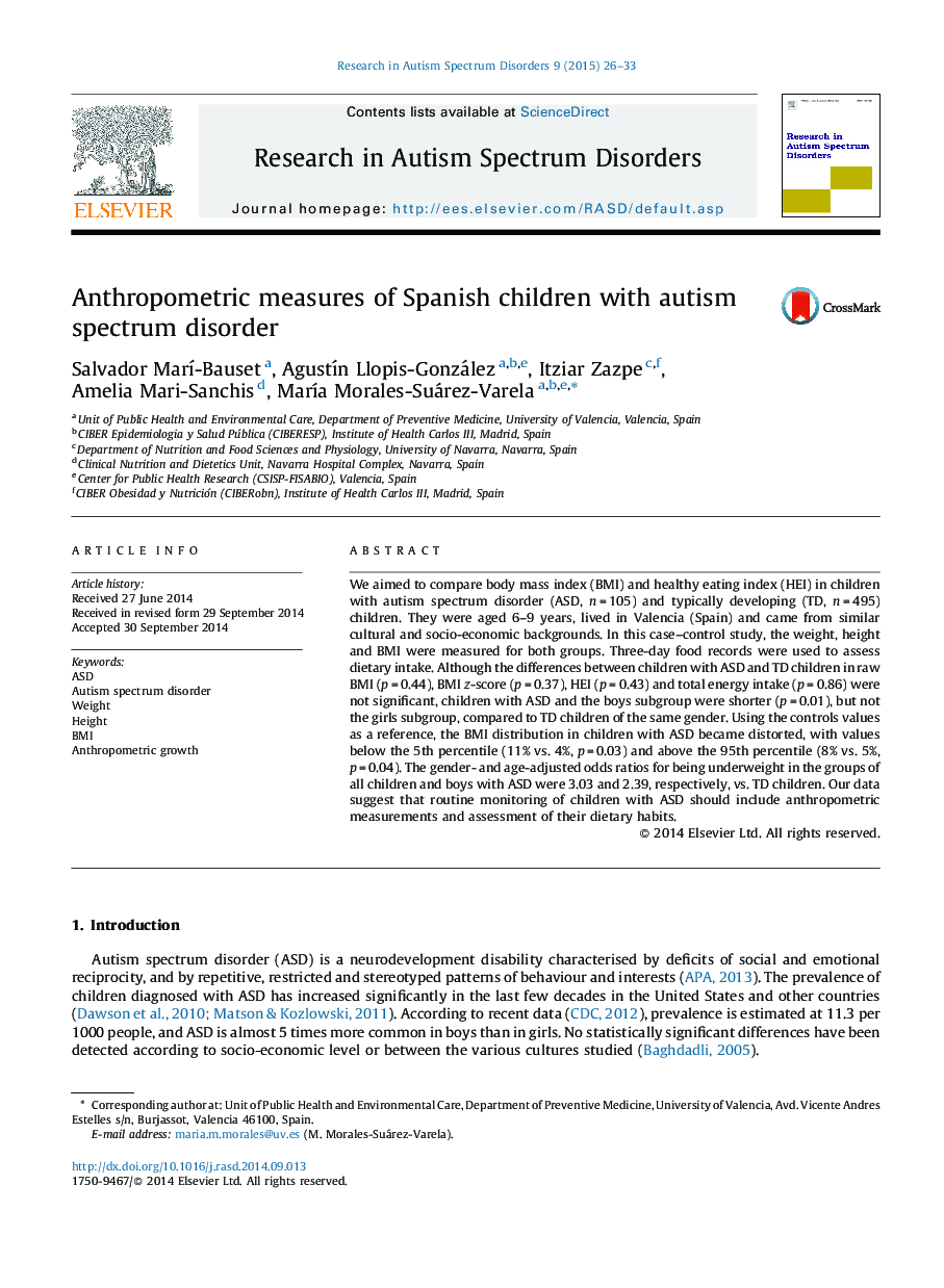 Anthropometric measures of Spanish children with autism spectrum disorder