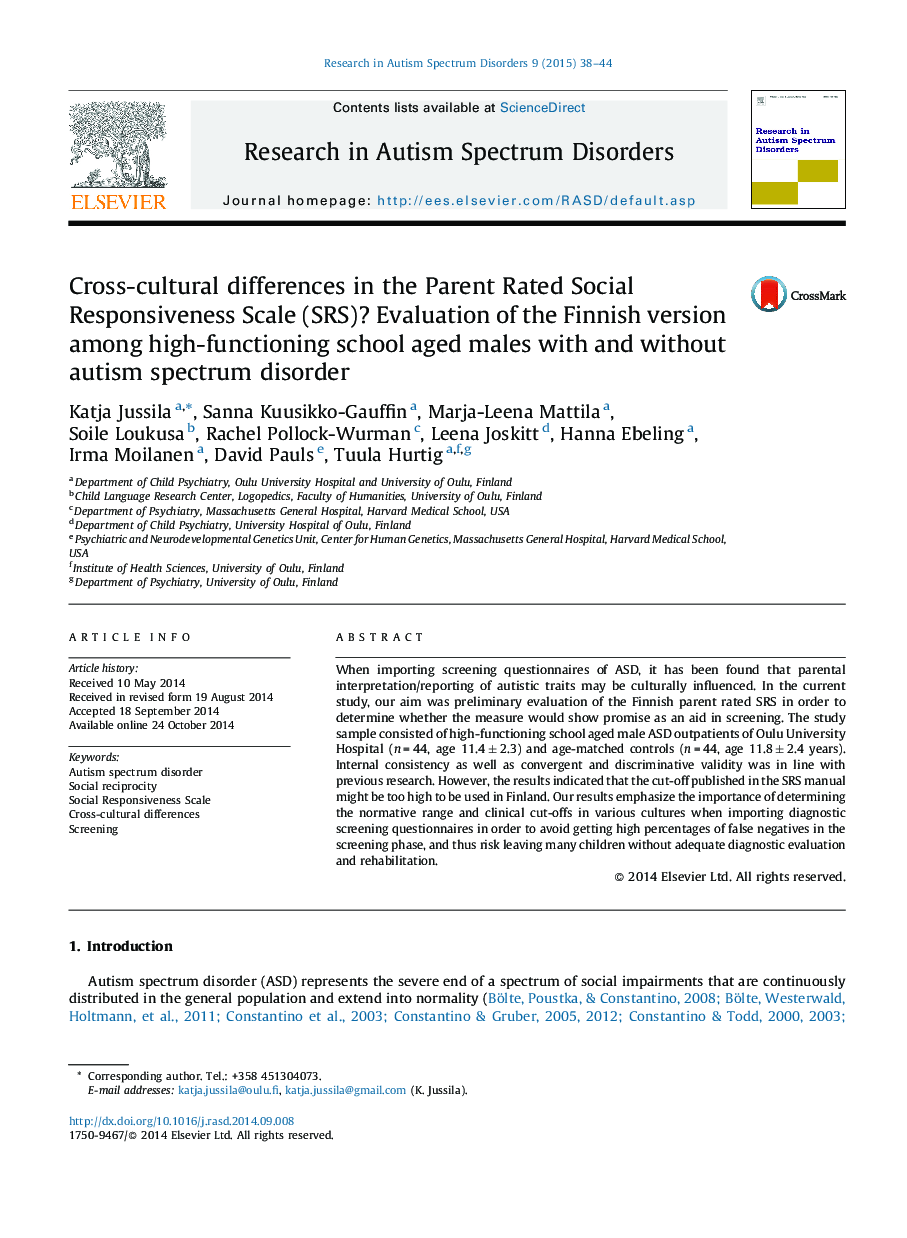 Cross-cultural differences in the Parent Rated Social Responsiveness Scale (SRS)? Evaluation of the Finnish version among high-functioning school aged males with and without autism spectrum disorder