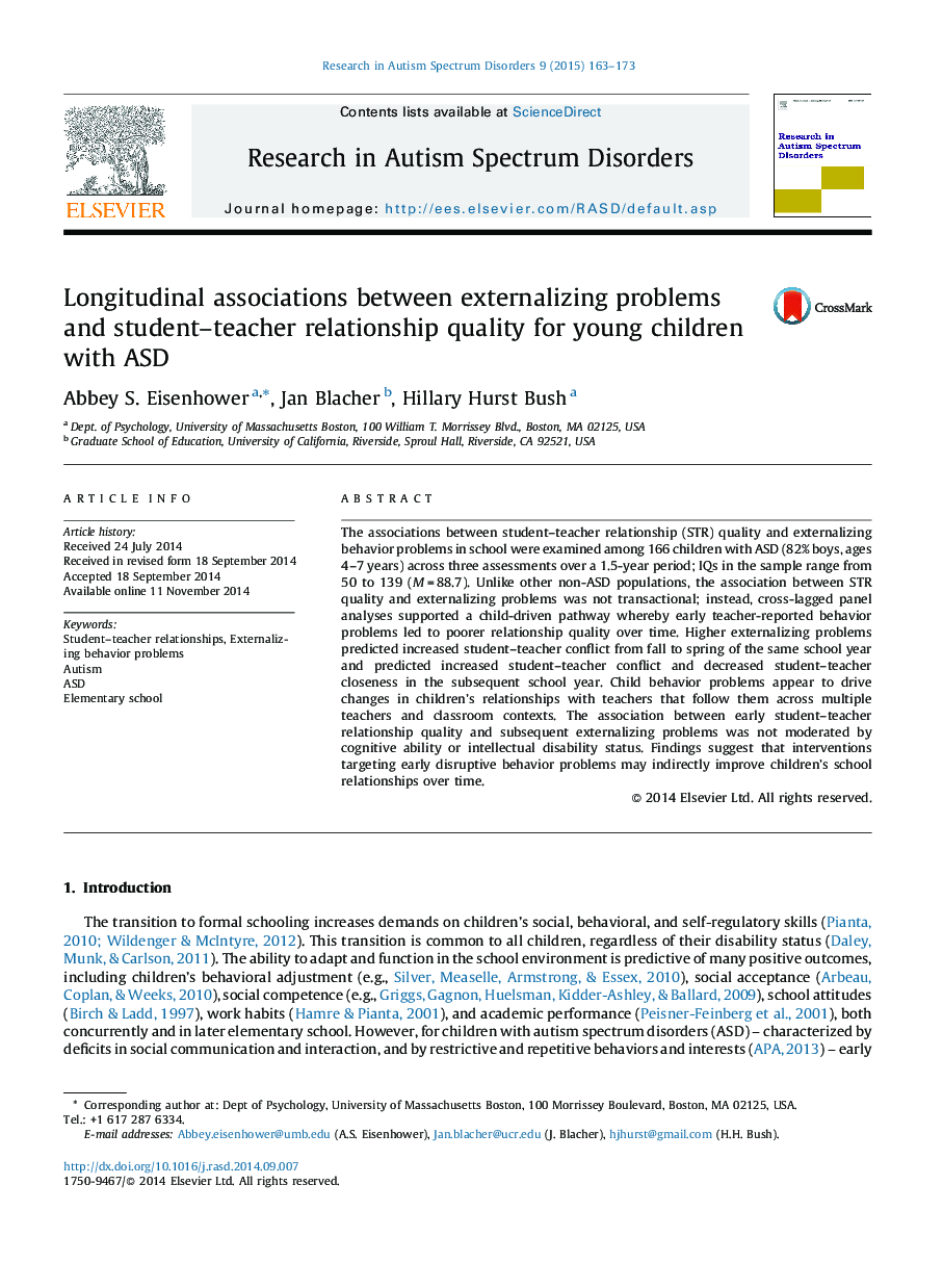 Longitudinal associations between externalizing problems and student-teacher relationship quality for young children with ASD