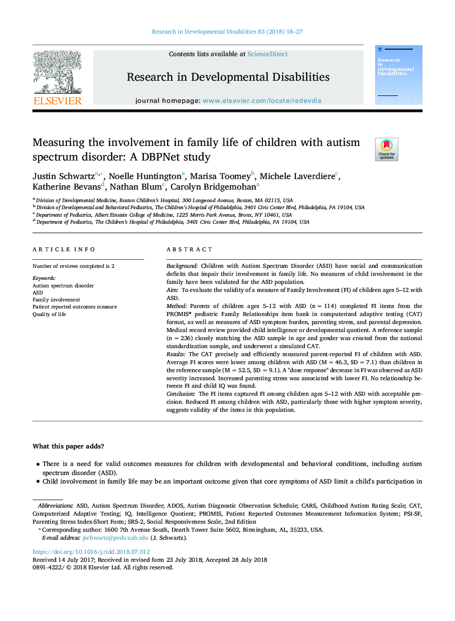 Measuring the involvement in family life of children with autism spectrum disorder: A DBPNet study