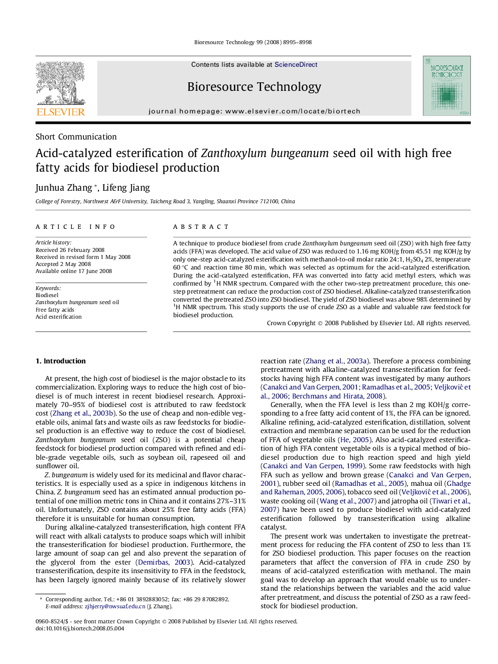 Acid-catalyzed esterification of Zanthoxylum bungeanum seed oil with high free fatty acids for biodiesel production