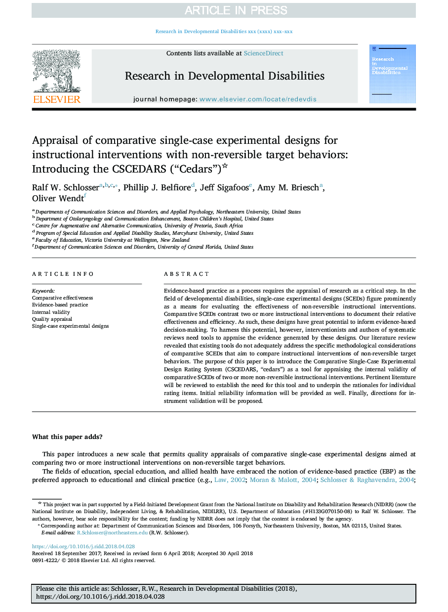 Appraisal of comparative single-case experimental designs for instructional interventions with non-reversible target behaviors: Introducing the CSCEDARS (“Cedars”)