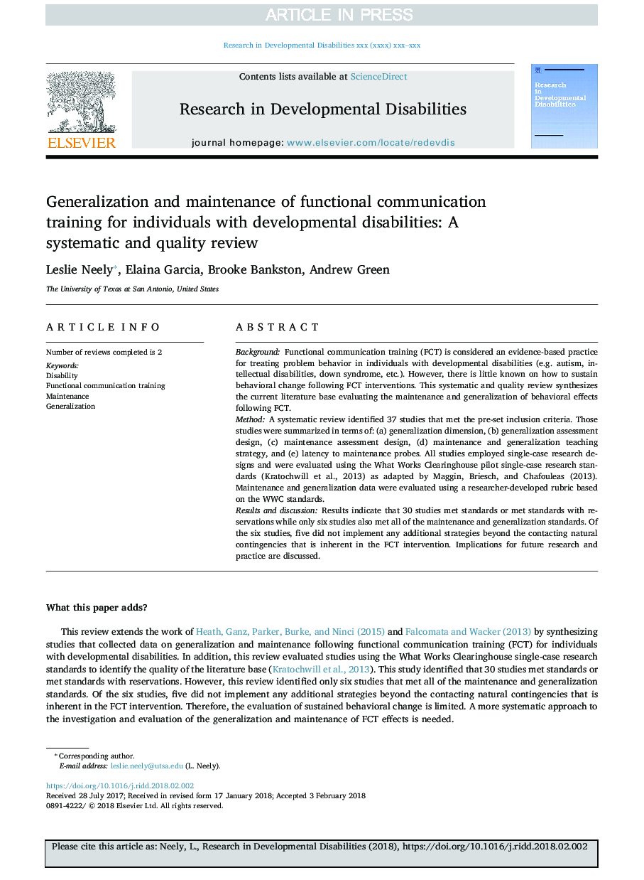 Generalization and maintenance of functional communication training for individuals with developmental disabilities: A systematic and quality review