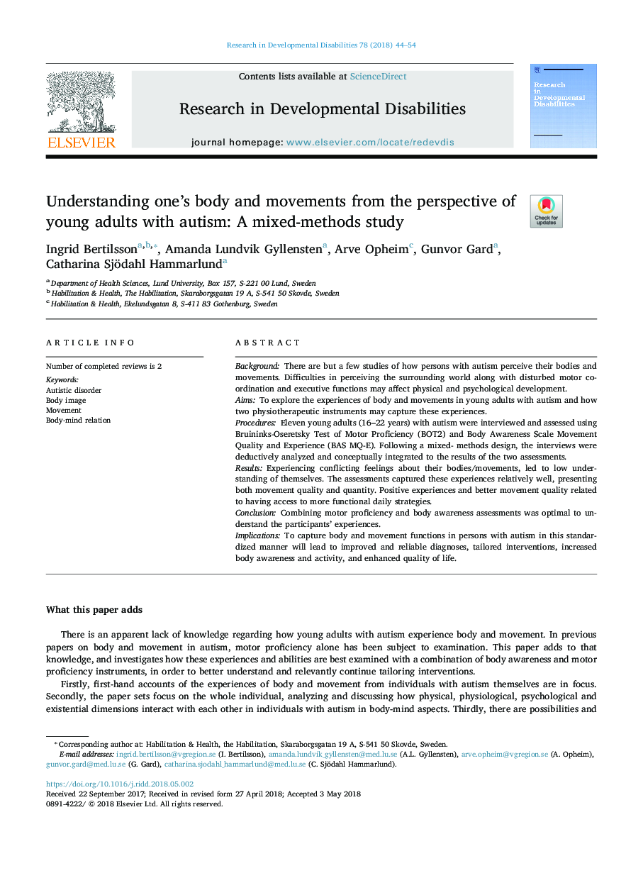 Understanding one's body and movements from the perspective of young adults with autism: A mixed-methods study