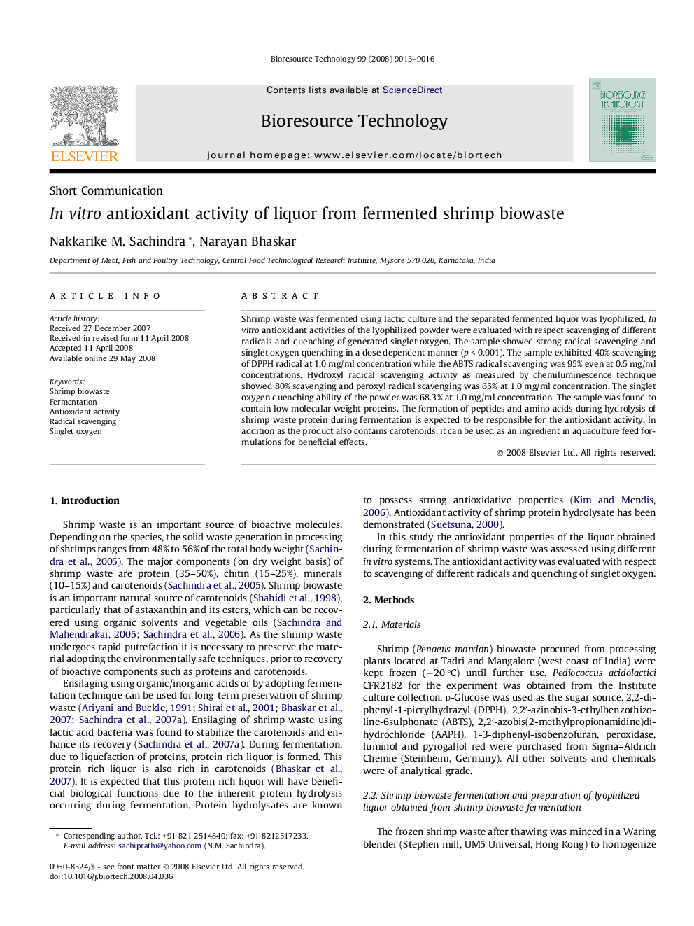 In vitro antioxidant activity of liquor from fermented shrimp biowaste