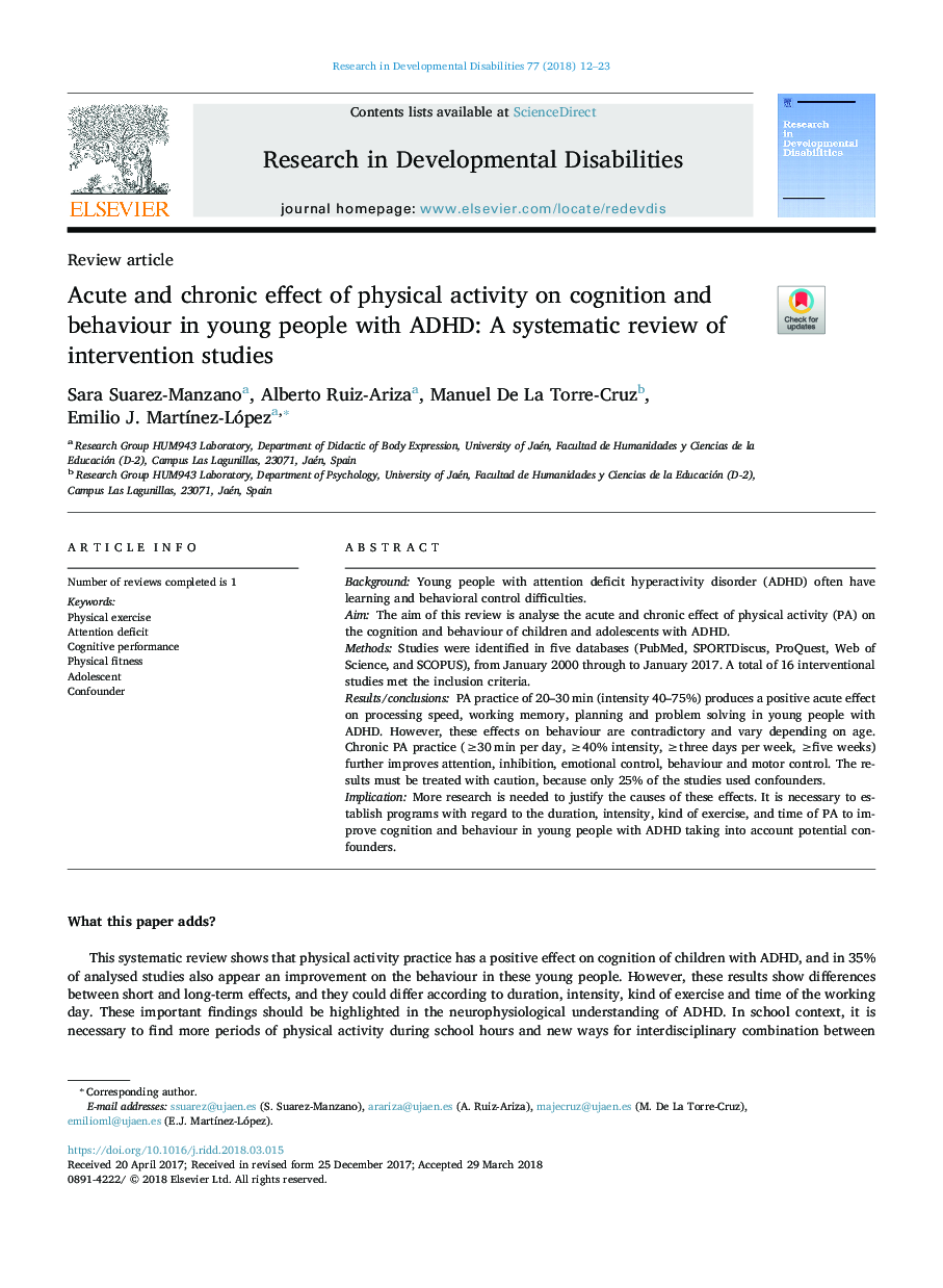 Acute and chronic effect of physical activity on cognition and behaviour in young people with ADHD: A systematic review of intervention studies