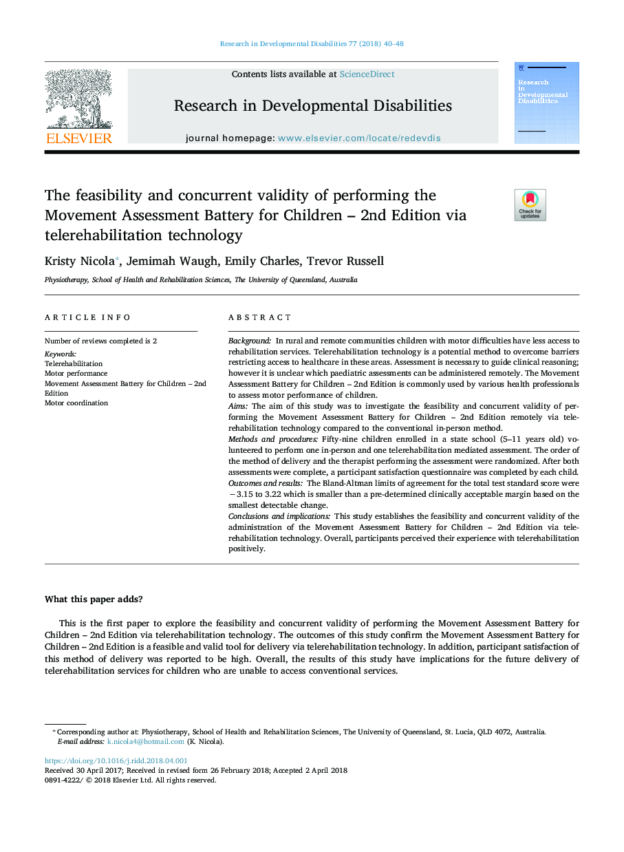 The feasibility and concurrent validity of performing the Movement Assessment Battery for Children - 2nd Edition via telerehabilitation technology