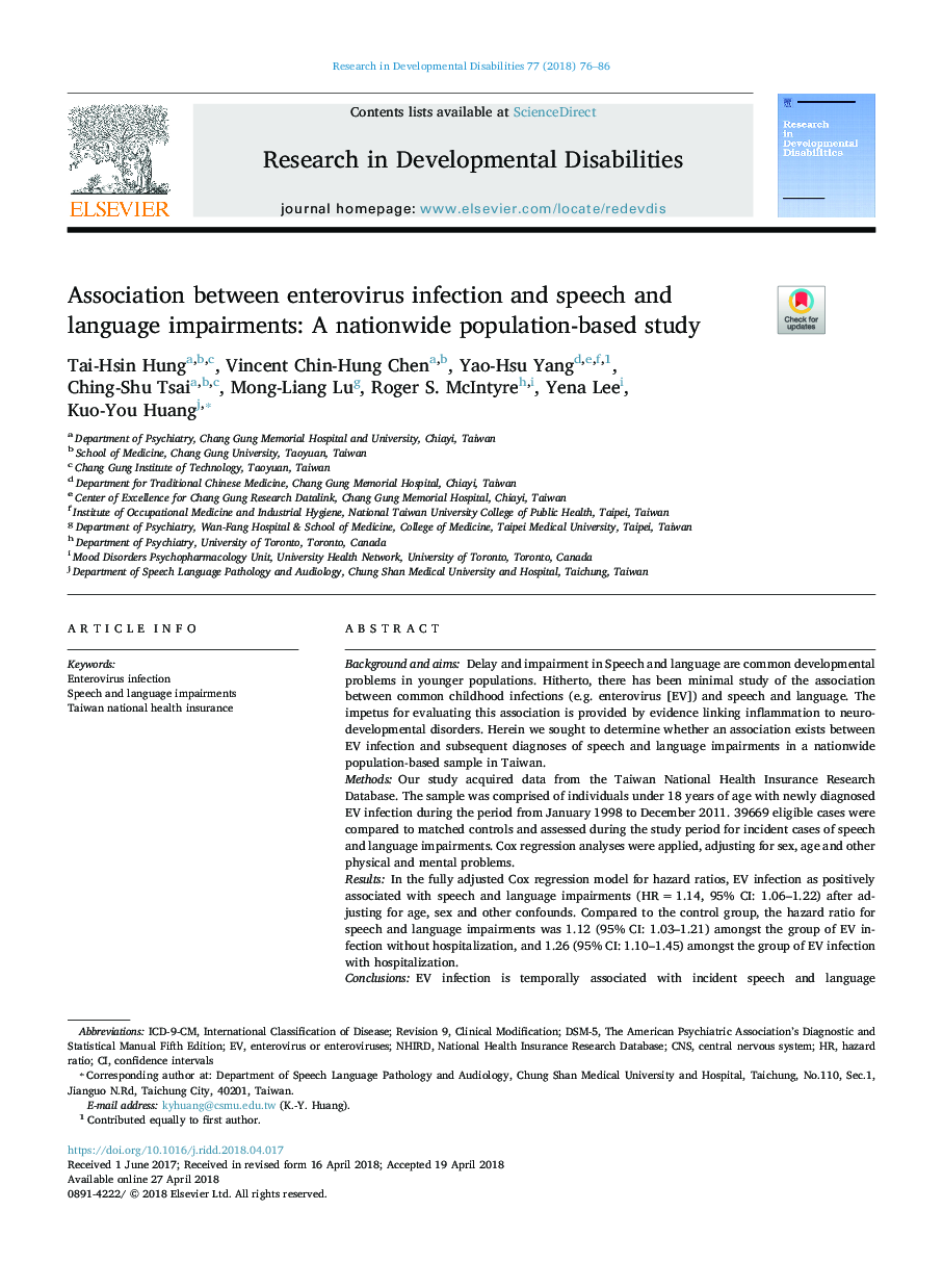 Association between enterovirus infection and speech and language impairments: A nationwide population-based study